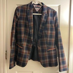 Women's Plaid-Print Elbow-Patch Blazer in Tan and Navy, Size 8